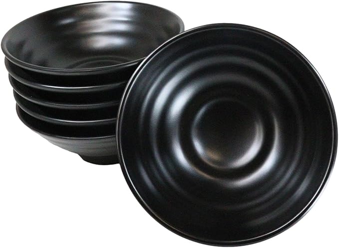 Ebros Gift Contemporary Ridged Matte Black Melamine Series Dinnerware Serveware Kitchenware Set Japanese Chinese Restaurant Supply (Pack Of 6 Large Round Ramen Soup Pasta Salad Bowls 48oz)