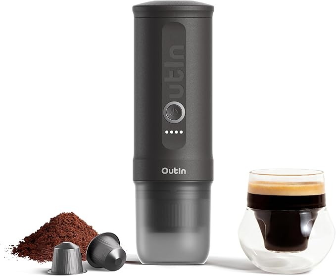 OutIn Nano Portable Electric Espresso Machine Travel Coffee Maker for Camping Car Coffee Maker Self-Heating with USB-C With Ground Coffee &amp NS Capsule for RV Hiking Office
