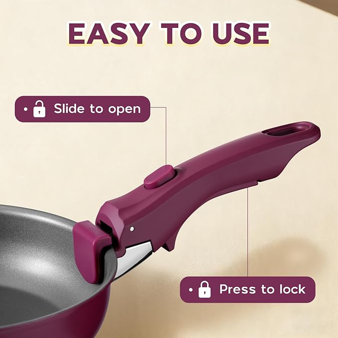 Walchoice 5Pcs Pots and Pans Set Granite Nonstick Cookware Set with Detachable Handle Stackable Kitchen Cooking Set with Saucepan Frying Pans Induction Compatible &amp Oven Safe - Purple