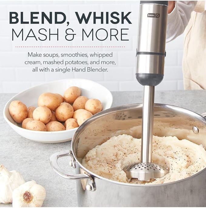 Dash Chef Series Deluxe Immersion Hand Blender 5 Speed Stick Blender with Stainless Steel Blades Dough Hooks Food Processor Grate Mash Slice Whisk Attachments and Recipe Guide – Cool Grey
