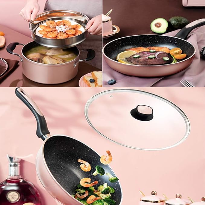Cookware Set3-Piece Steamer Set Aluminum Alloy Pan Set Tempered Glass Lid Comfortable Handle Suitable for Gas and Induction Cooker Easy to Clean Non Stick Fry Pan