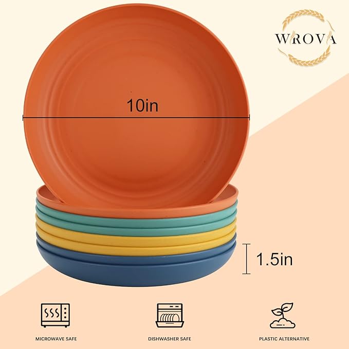 Wrova wheat straw bowls and plates sets with 16oz mugs - unbreakable dinnerware sets of 22 - Colorful Series