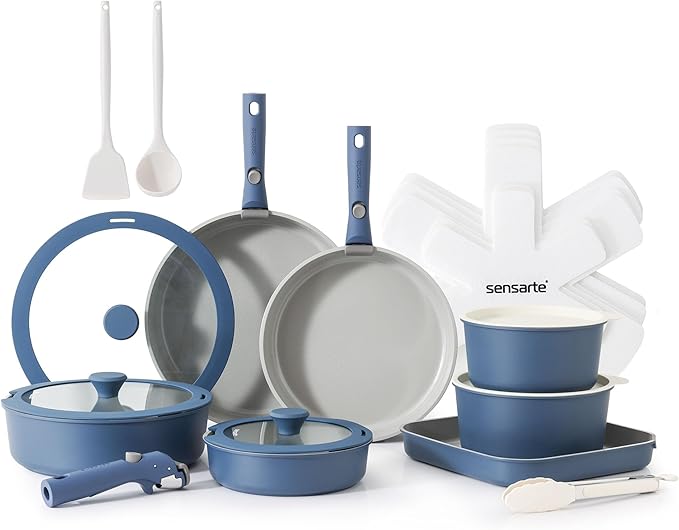 SENSARTE 24 Piece Ceramic Pots and Pans Set Nonstick Detachable Handle Cookware Induction Kitchen Cookware Set with Removable Handle Healthy Non Stick for RV Dishwasher＆Oven Safe PFOA Free (Navy)