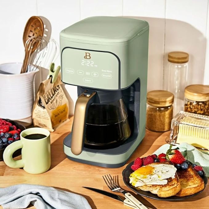 B - 12-Cup Programmable Coffee Maker with Touch Controls Auto Brew Timer Reusable Filter Large Glass Carafe Countertop Coffee Machine (Sage Green)
