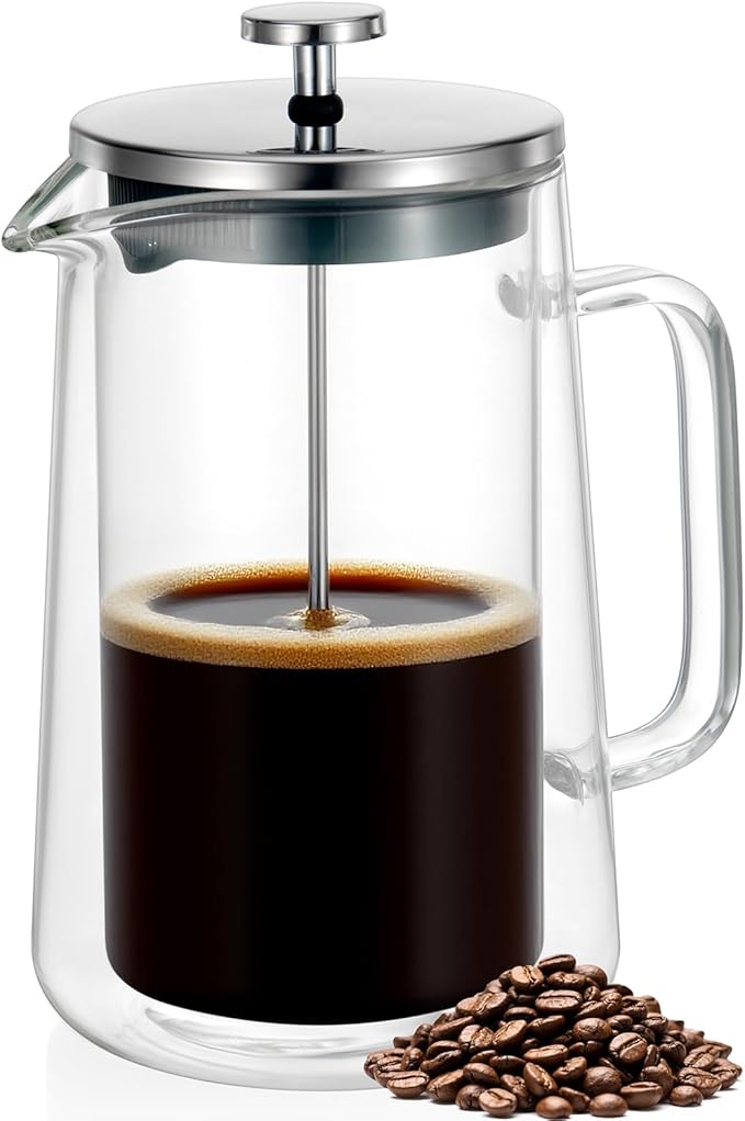 French Press Coffee Maker 34Oz (1 Liter) DoubleWall Insulated Borosilicate Glass Heat-Resistant Design Stainless Steel Filter for Coffee Tea &amp Cold Brew