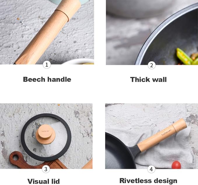 Cooking Pot 3-Pc Non-Stick Pan Set Wok Frying Pan Milk Pot Cooking Utensils Set with Beech Handle Strong and Sturdy