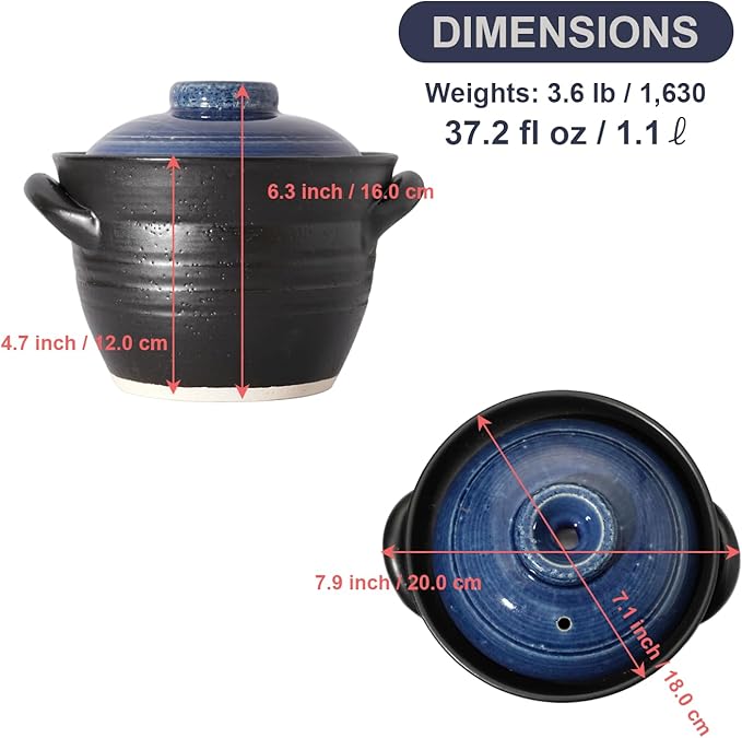 Banko-ware Donabe Japanese Earthenware Rice Pot with Double-Lid Technology – Elegant Jet-Black &amp Blue Design – Ensures Fluffy Rice Every Time – Includes English Manual – Made in Japan (1-2 per)