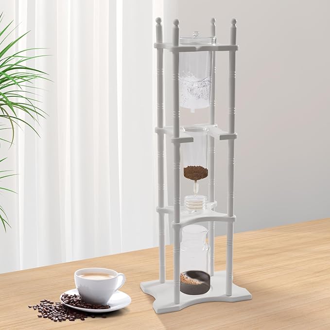Ice Drip Coffee Maker 84.54 oz Retro Household Cold Brew Coffee Makers with Vertical Japanese Style Glass Container and Wood Stand Drip Coffee Pot for Commercial Office (White)