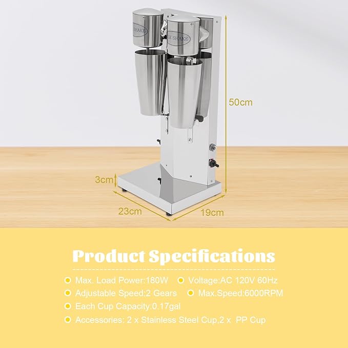Electric Milkshake Maker Commercial Stainless Steel Milk Shake Machine Drink Mixer Adjustable Speed Malt Maker Machine Smoothie Milk Foam Tea Mixer Blender + cups (2 Head)