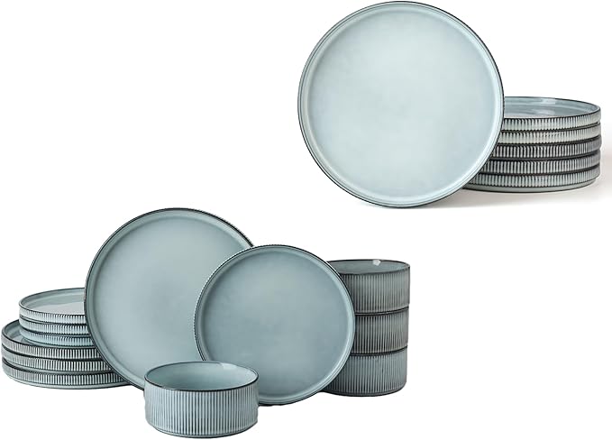 Famiware Dinnerware Set for 4 (12 Piece) and 10 Dinner Plates for 6 - Smoky Blue