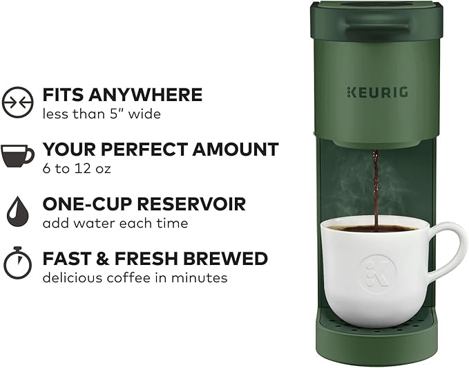 Keurig K-Mini Single Serve K-Cup Pod Coffee Maker 6 to 12oz Brew size with Cord Storage Perfect for Small Spaces Evergreen