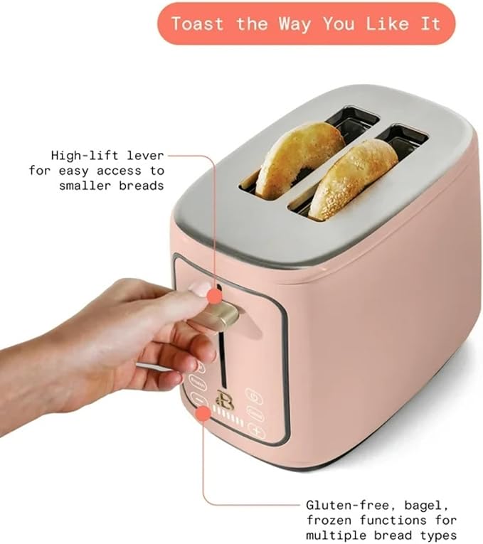 2 Slice Digital Toaster with Touch Control Panel Adjustable Toast Shade Settings Wide Bread Openings Bagel &amp Frozen Modes Removable Crumb Tray (Rose)