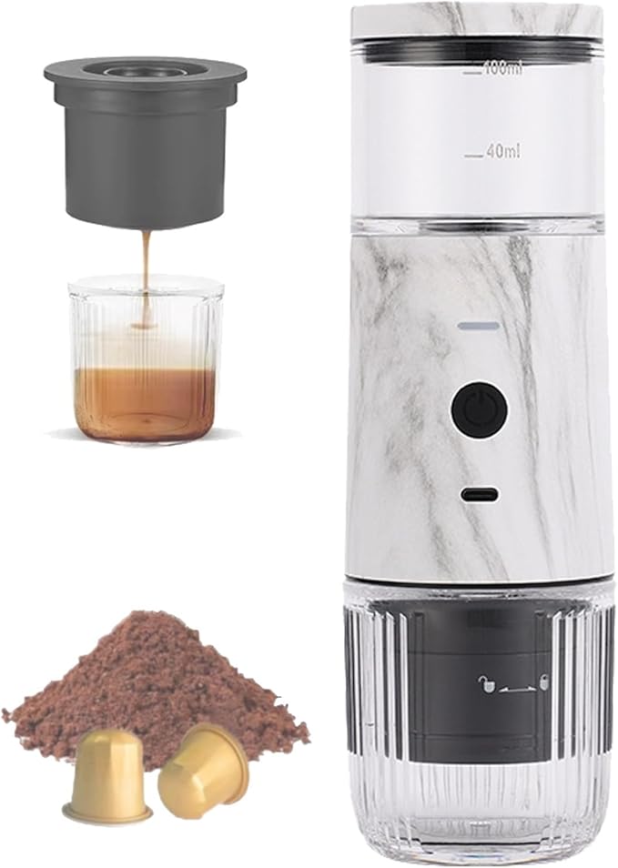 Portable Espresso Machine 2 in 1 Travel Coffee Machine Compatible with Cup Capsules and Ground Coffee Water Tank Capacity 100ml Portable USB Charging Suitable for Camping HikingWhite