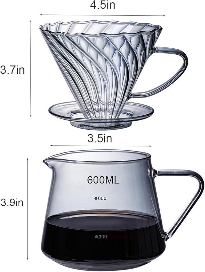 Pour Over Coffee Maker Set 600ML Glass Carafe Coffee Server with Dripper Set V60 Glass Coffee Filter for Home Office Gift 1-4 Cups (Grey)