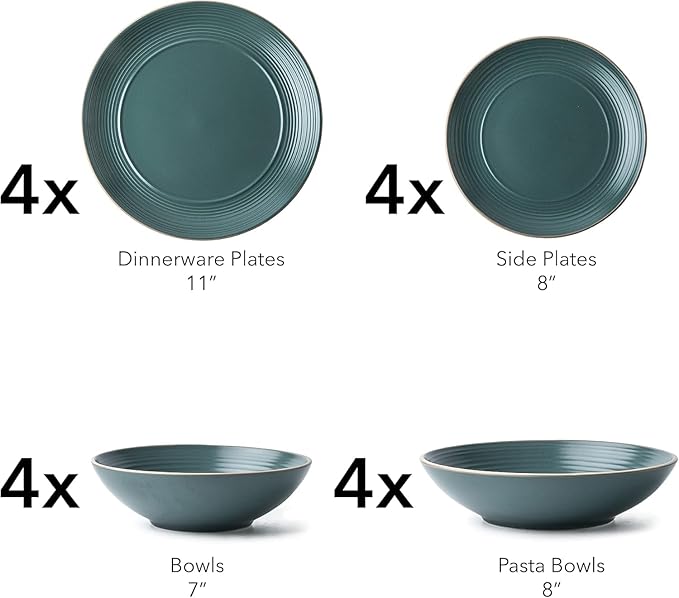 RINGAR Round Stoneware 16pc Double Bowl Dinnerware Set for 4 Dinner Plates Side Plates Cereal Bowls Pasta Bowls - Speckle Matte Green (431952)