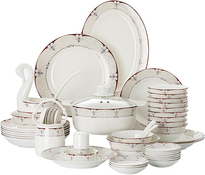 Sushi Set White Bone China and Gold Trim Cutlery Set with Dinner Plates Dessert Plates Soup Plates Saucers for Gifts Wedding Hotel 60 Piece