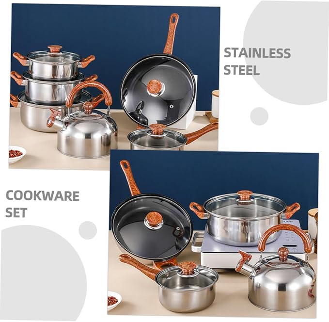 Cookware Set Stainless Steel Pots and Pans Set Frying Pan Soup Pot Milk Noodles Soup Heat Conductive Portable Non-slip Handles Family