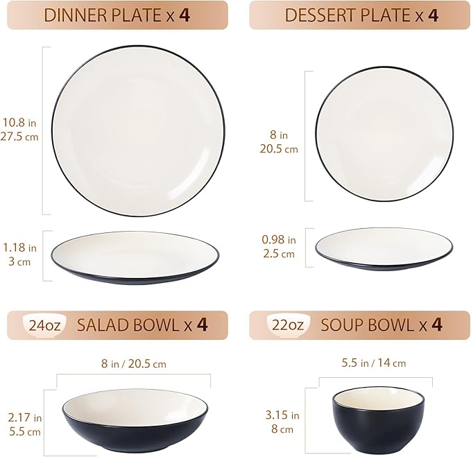 Plates and Bowls Sets for 4 - CJDC-QUELO 16-Piece Stoneware Dinnerware Sets Ceramic Dishware Set for Indoor Kitchen Use and Formal Dining Chip and Scratch Resistant Microwave Dishwasher Safe Ivory