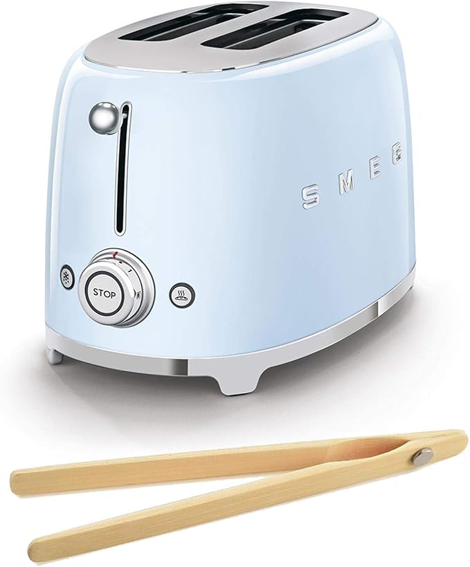 Smeg TSF01PBUS 50's Retro Style Toaster Bundle with Bamboo Tongs - (Pastel Blue) 2 Slice