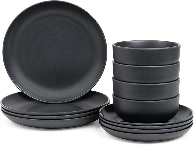 Larder &amp Vine 12-Piece Melamine Dinnerware Set: Durable Lightweight Break-Resistant Plates &amp Bowls – Stylish Non-Toxic Dishwasher Safe – Ideal for Everyday Use Indoor &amp Outdoor Dining