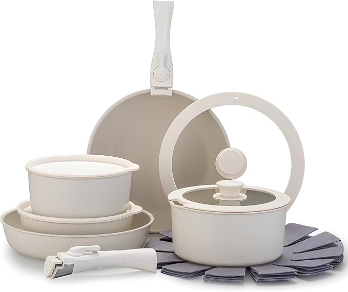 White 15Pcs Pots and Pans Set Nonstick Kitchen Cookware Set with Removable Handle Stackable Healthy Non Stick Cookware Set Oven Safe &amp PFOA Free