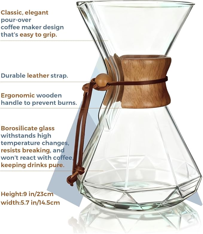 AGOGO Pour Over Coffee Maker Glass - 10 Cup Barista Kit with 304 Stainless Filter for Home Office Camping Cafes - Easy Clean Coffee Dripper Set (Towel&ampBrush Included) (10 Cup/34 oz-Diamond Shap