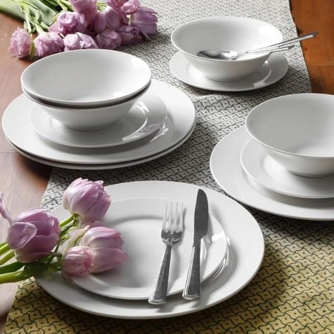 Round 12-Piece Dinnerware Set Family Hotel Tableware Ceramic Plates and Bowls