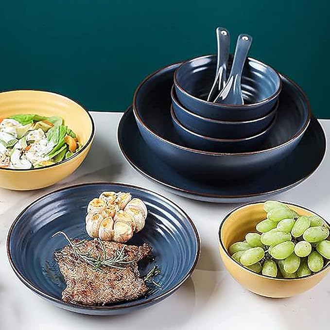 Kitchen Tableware SetCeramics Dinnerware Set Thread Pattern Chip Resistant Dinner Set/17 Pcs Porcelain Dish Set-Colorful Plates and Bowls Set for WeddingOran(