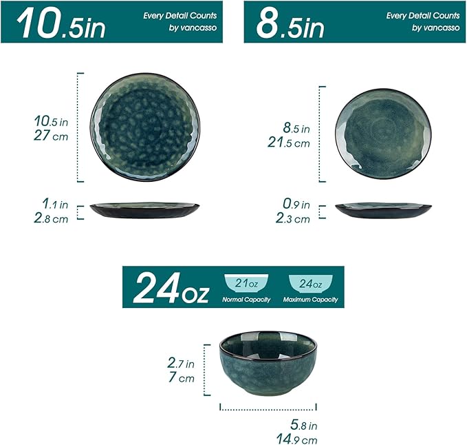 vancasso Starry Dinnerware Set for 4 Handmade Reactive Glaze Stoneware 12 Pieces Plates and Bowls Sets Dishwasher and Microwave Safe Dish Set Green