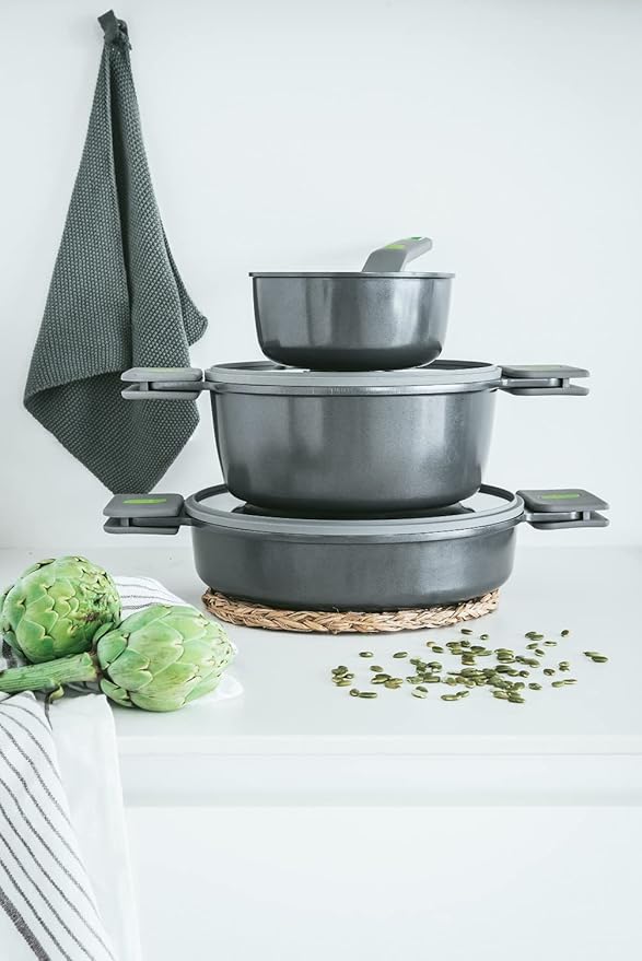 BRA LIFE – 9 Pieces of Cast Aluminium 100% Recycled Non-Stick Reinforced Ceramic without PFOA without PTFE Suitable for All Types of Cookers and Induction