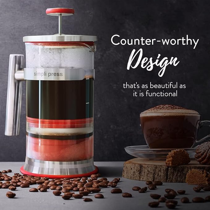 Simpli Press French Press Coffee &amp Tea Maker - Easy Cleanup &amp Customizable Smooth Coffee - Patented - Plastic-Free Premium Stainless Steel 34 oz - Red Color