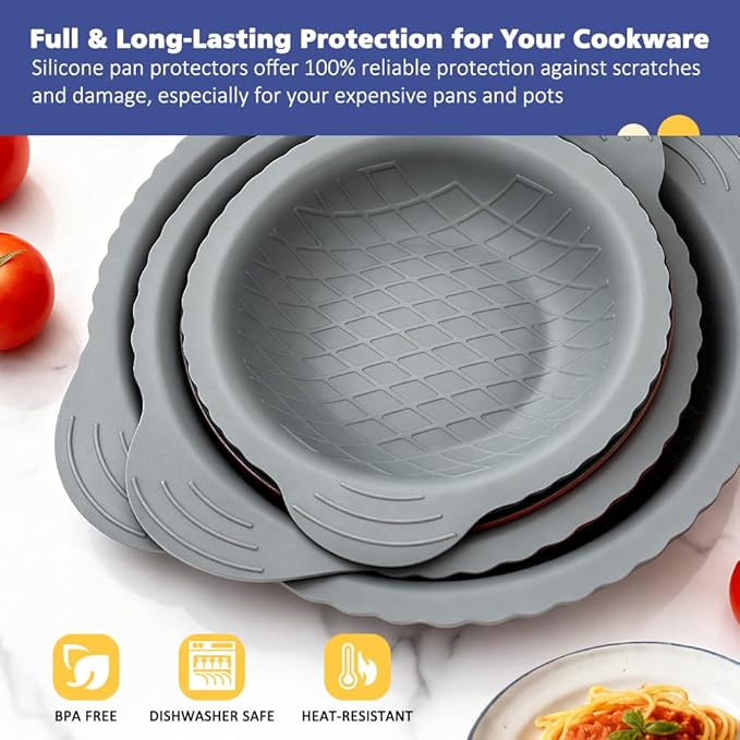 BYKITCHEN 3PCS Silicone Pan Protectors with 6PCS Felt Pan Pot Separators Dividers Pads for Stacking and Protecting Your Cookware Compatible with Hexclad Cookware Set Tfal Nonstick Frying Pans &ampM