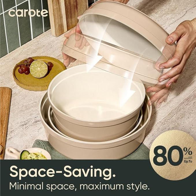 CAROTE 18 Pcs Ceramic Cookware Set Titanium Nonstick with Detachable Handles Non Toxic Cookware Pots and Pans Set Non Stick Removable Handles Induction Available Kitchen Cooking Dishwasher Safe