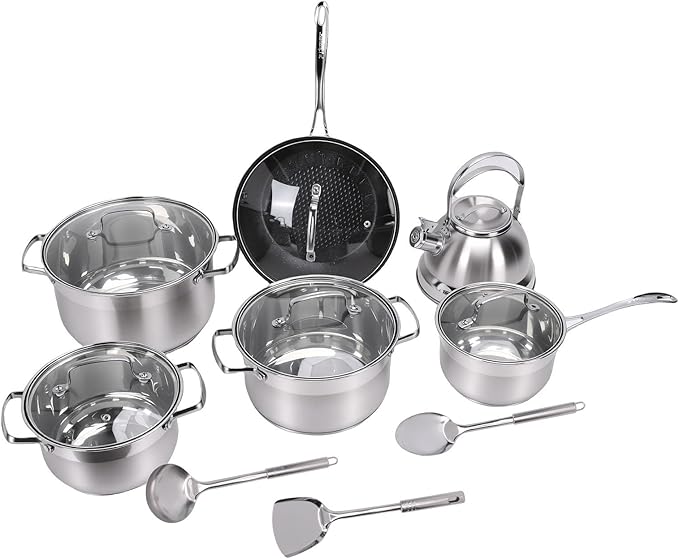 13 Piece Stainless Steel Cookware Set Pots and Pans Set with Glass Lids Complete Kitchen Cooking for Frying Boiling Soup Making