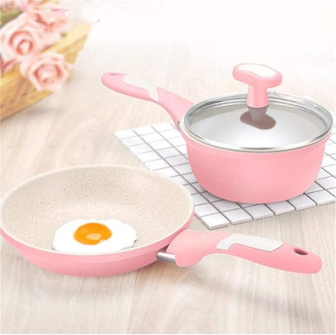 cookware set Stone Kitchen Soup Non-Stick Frying Pan Set Pot Milk With Handle Lid Cookware Cooking Utensils For(Pink set 1)