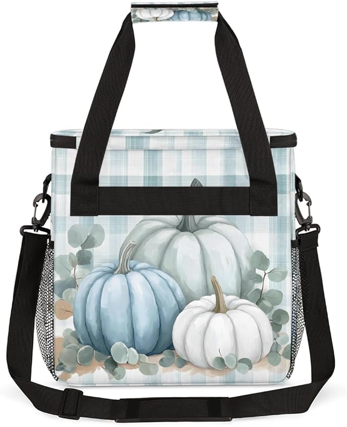 White Pumpkin Stripes Coffee Maker Carring Bag Travel Carrying Storage Tote Bag Compatible with Keurig K-Mini or K-Mini Plus Portable Single Serve Coffee Brewer Case with Pockets for K-cup Pods