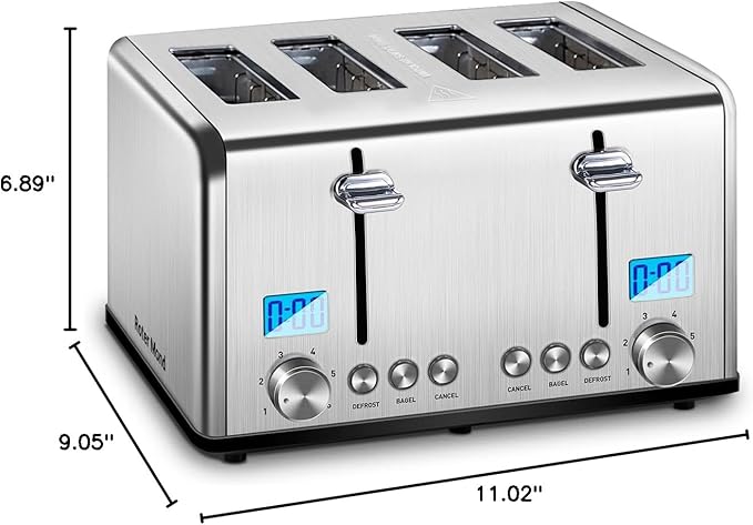 Roter Mond Countdown Stainless Steel 4 Slice Toaster with Bagel Defrost Cancel Function Dual Toaster Extra Wide Slots 6 Shade Settings Removable Crumb Trays 1650W