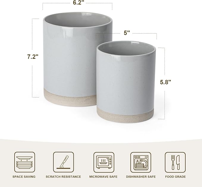 Famiware Milkyway Plates and Bowls Set of 12 and Kitchen Utensil Holder for Countertop Set of 2 14 Pieces Dinnerware Sets Light Gray
