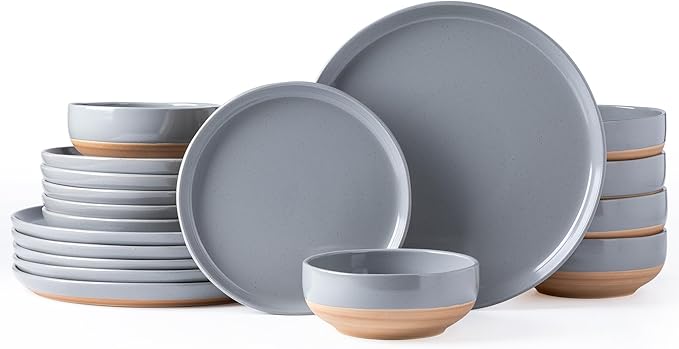 AmorArc Ceramic Dinnerware Sets for 6 18 Pieces Handpainted Plates and Bowls Set with Rustic Terracotta Underside Scratch Resistant Stoneware Dishes Set Dishwasher &amp Microwave Safe Gray