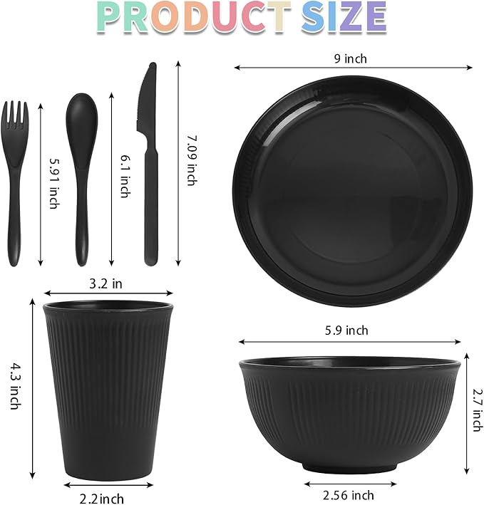 36 Pcs Lightweight Black Wheat Straw Dinnerware Set - Unbreakable Dishes for Kitchen &amp Camping | Microwave Dishwasher Safe