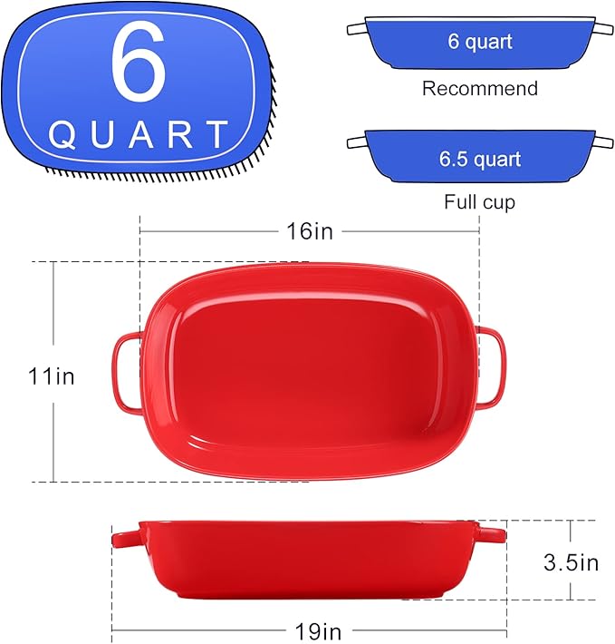 6 Quart Large Rectangular Baking Dish 16x11 Inches Ceramic Baking Pan Casserole Dish for CookingKitchen and Daily Use Safe for Oven Microwave Refrigerator Disinfection Cabinet and DishwasherRed