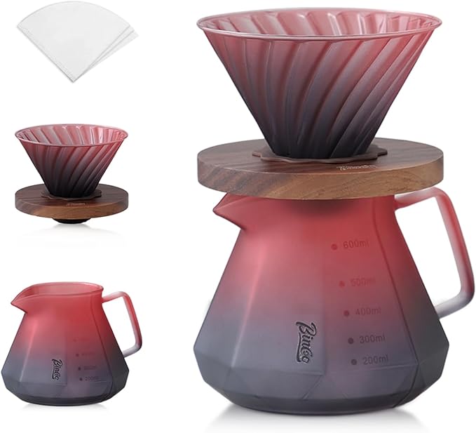 Bincoo Pour Over Coffee Maker Set - Borosilicate Glass Dripper with Walnut Handle &amp Glass Lid 50 pcs Paper Filters Included