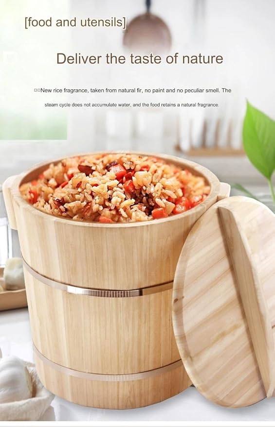 Steamer Rice Barrel Rice Steaming Barrel with Lid Wooden Sushi Rice Bowl Rice Mixing Bucket Home Kitchen Restaurant Coffee Chinese Restaurant Hotel Food Bucket(21 * 14 * 18cm)