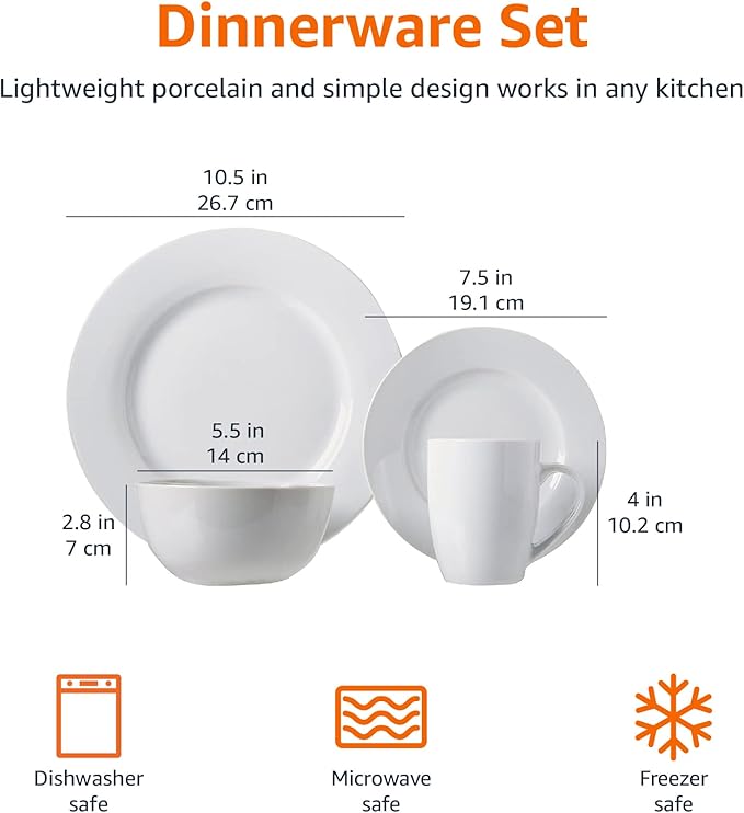 Amazon Basics 16-Piece Porcelain Dinnerware Set Microwave and Dishwasher Safe Service for 4 Plates Bowls and Mugs White