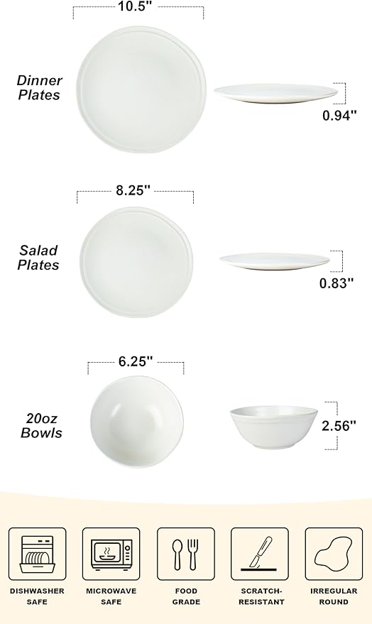 Famiware Aegean Dinnerware Set for 4 Plates and Bowls Sets 12-Piece Stoneware Scratch Resistant Dinner Set Handmade Irregular Round Dishes Microwave and Dishwasher Safe Matte White
