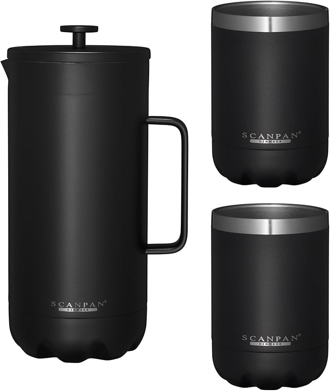 Scanpan TO GO French Press Coffee Maker 1.0L (Black) + 2 Vacuum Cups 350 mL (Black) - 18/8 Food Grade Stainless Steel - Scratch-Free Coating - Dishwasher Safe