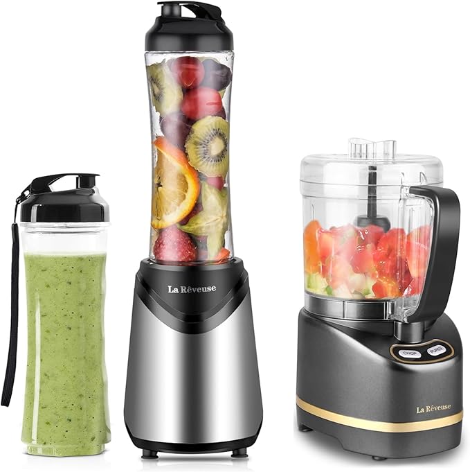 La Reveuse 300W Personal Size Blender (Silver) + La Reveuse 2-Cup Mini Food Chopper (Metallic Grey)