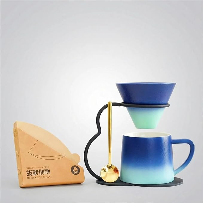 Pour Over Coffee Maker setCeramic Coffee Maker With V60 40 pcs Paper FilterMetal Stand 9oz 270ml mug Pour Over Coffee Dripper blue
