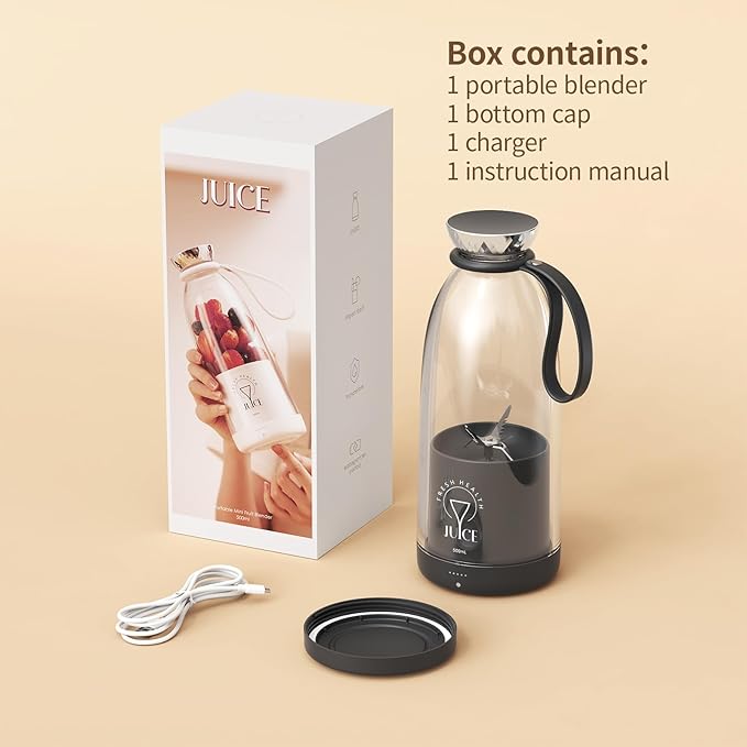 Portable Blender Personal Smoothie Maker with 6 Blades Rechargeable Mini Juicer Cup 17 oz with Travel Lid for Outdoors Camping Office Kitchen (Black)