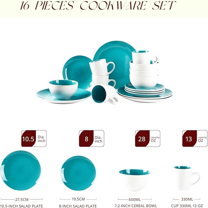 Stoneware Coupe Shape 16pc Dinnerware Set Outside White + Inside Turquoise